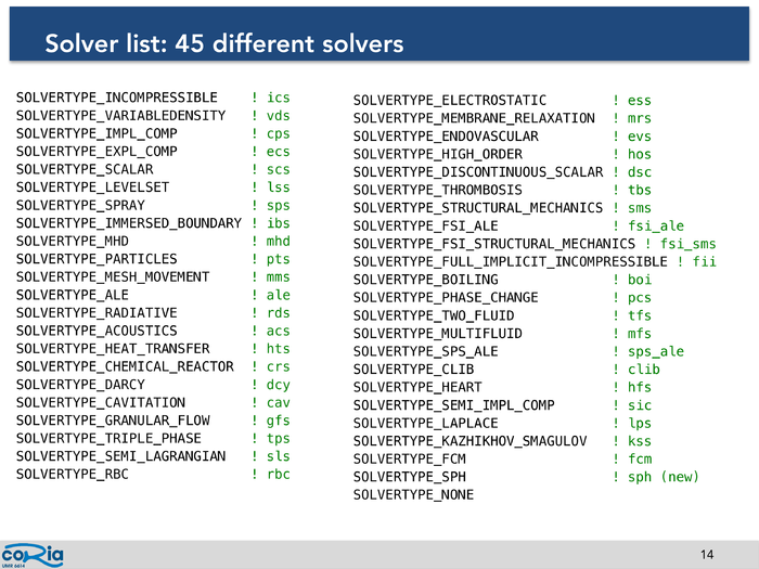 Full YALES2 solver list